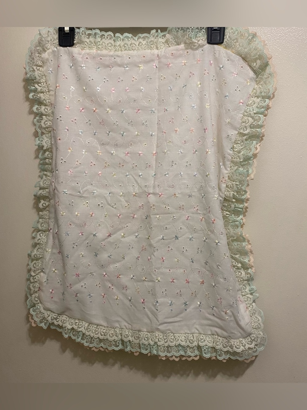 Vintage White Eyelet Pillow Sham Cover 19x23 Pastel Rainbow Trim Pillow 15x19